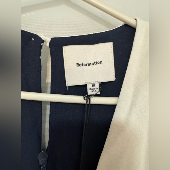 NWT Reformation Edalene dress Navy Polka Dot Dress with White Collar bow 10 M L - Picture 7 of 11